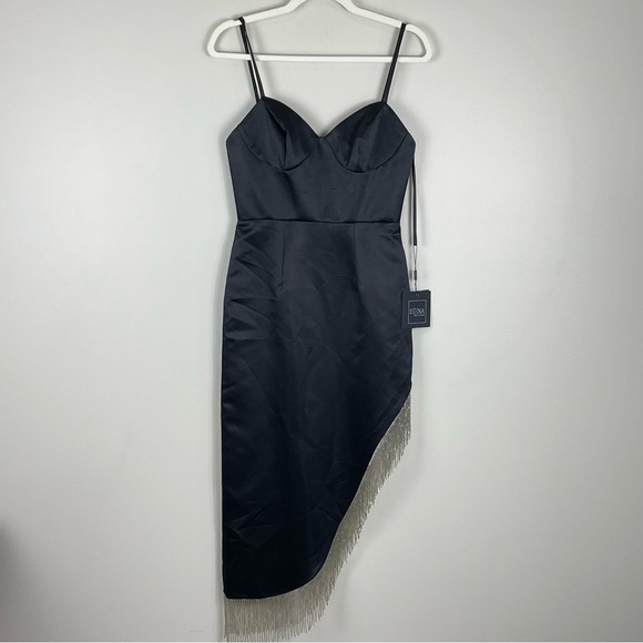 Mac Duggal 11650 Womens 2 Midi Dress Sequin Fringe Spaghetti Strap Black Silver - Picture 1 of 9